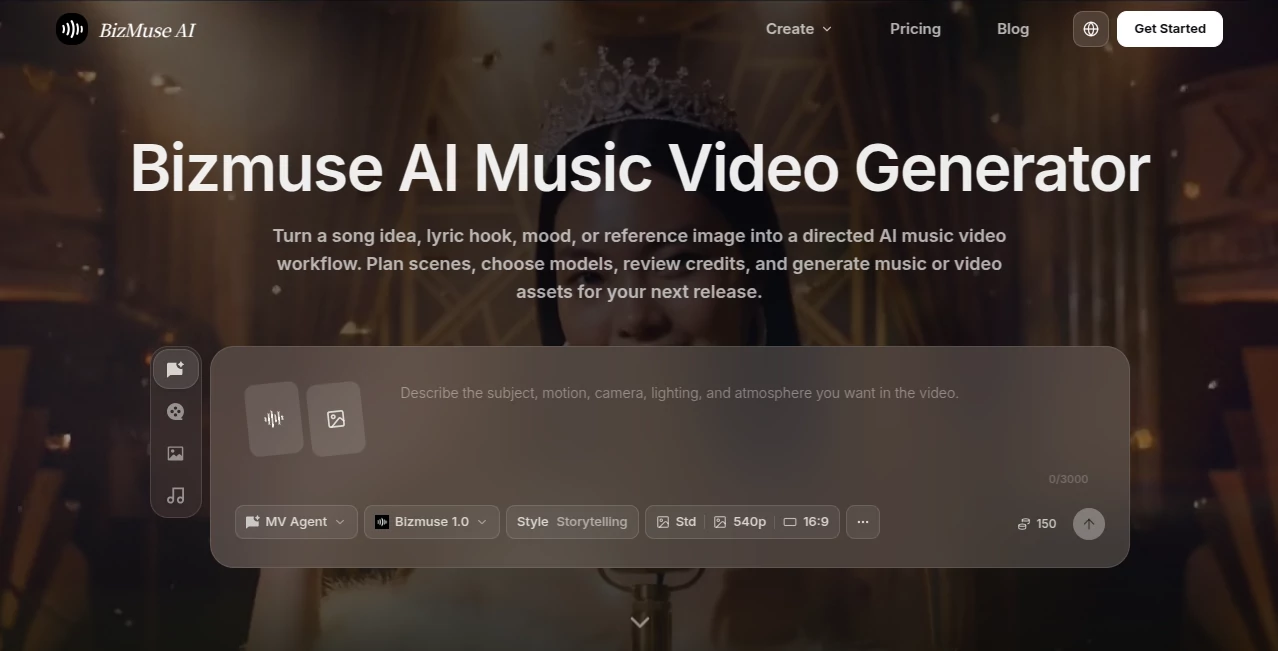 Screenshot of BizMuse AI – An AI tool in the ,AI Photo & Image Generator ,AI Music Video Generator ,AI Video Generator ,AI Music Generator  category, showcasing its interface and key features.
