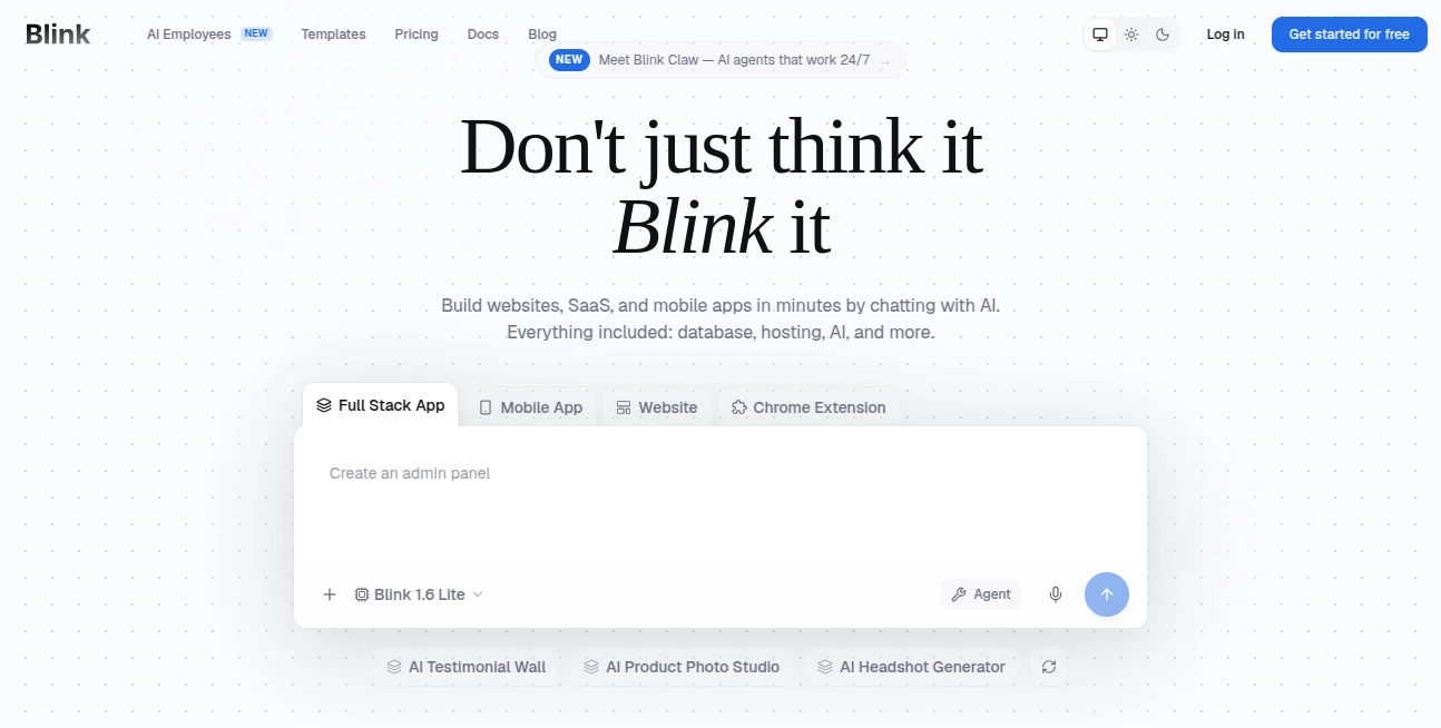 Screenshot of Blink – An AI tool in the ,AI No-Code & Low-Code ,AI Code Generator ,AI Developer Tools ,AI App Builder  category, showcasing its interface and key features.
