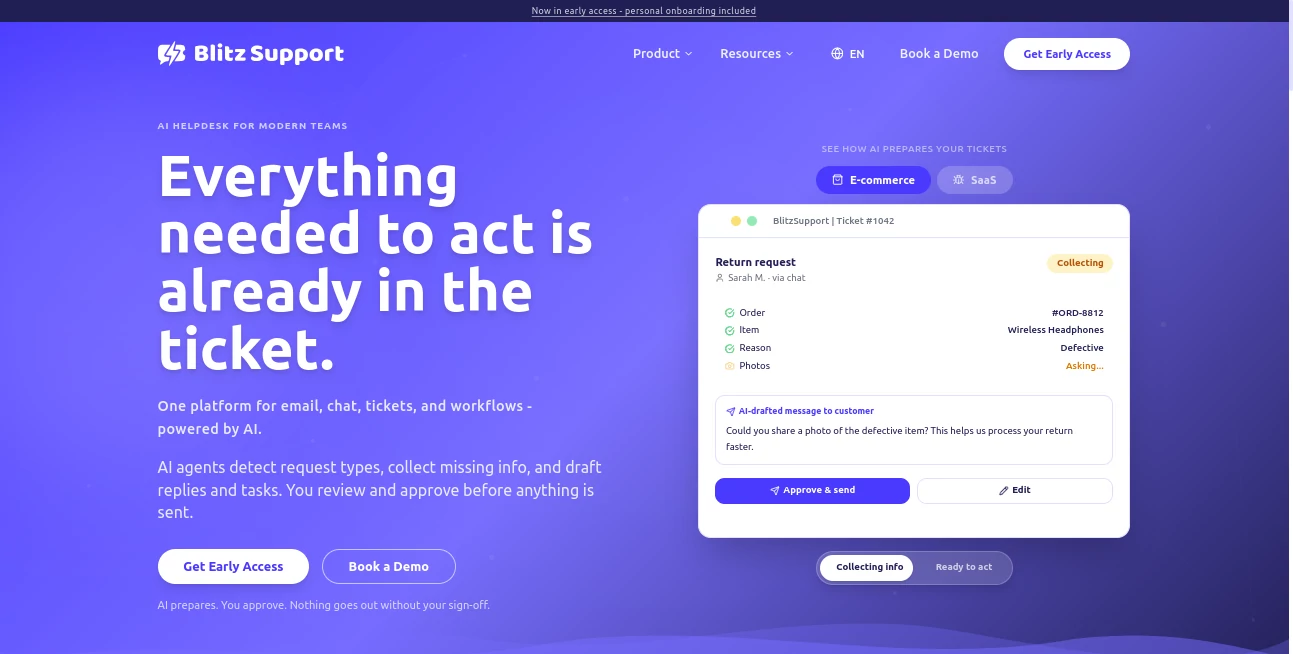 Screenshot of BlitzSupport – An AI tool in the ,AI Customer Service Assistant ,AI Productivity Tools ,AI Team Collaboration ,AI Workflow Management  category, showcasing its interface and key features.