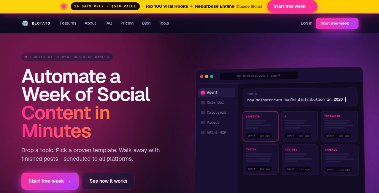 Screenshot of BLOTATO – An AI tool in the ,AI Content Generator ,AI Video Generator ,AI Social Media Assistant ,AI Marketing Plan Generator  category, showcasing its interface and key features.