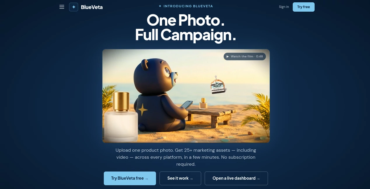 Screenshot of BlueVeta – An AI tool in the ,AI Photo & Image Generator ,AI Video Generator ,AI Advertising Assistant ,AI Ad Creative Assistant  category, showcasing its interface and key features.