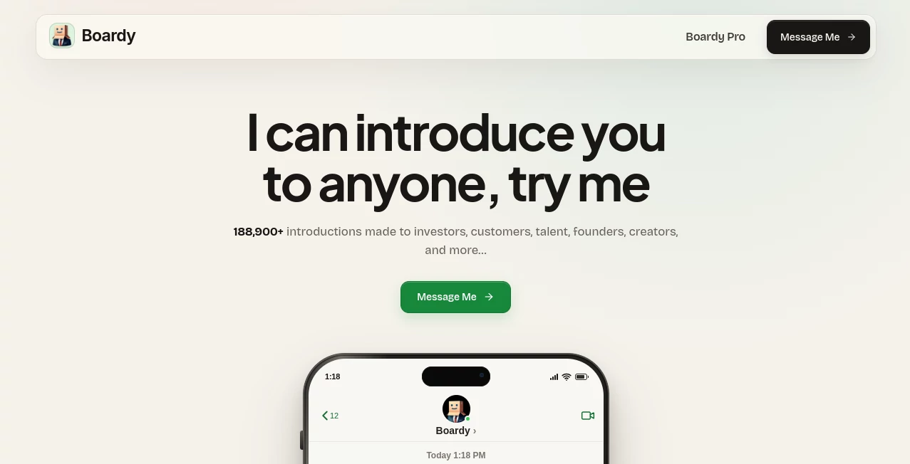 Screenshot of Boardy – An AI tool in the ,AI Lead Generation ,AI Sales Assistant ,AI Team Collaboration ,AI CRM Assistant  category, showcasing its interface and key features.