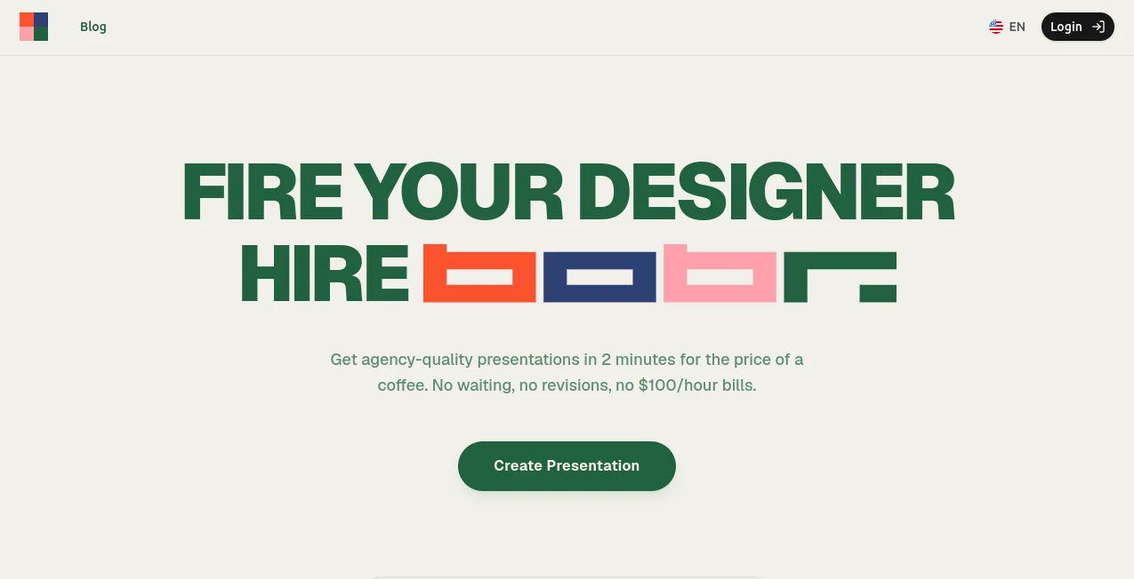 Screenshot of Bobr AI – An AI tool in the ,AI Presentation Generator ,AI Productivity Tools ,AI Team Collaboration ,AI Documents Assistant  category, showcasing its interface and key features.