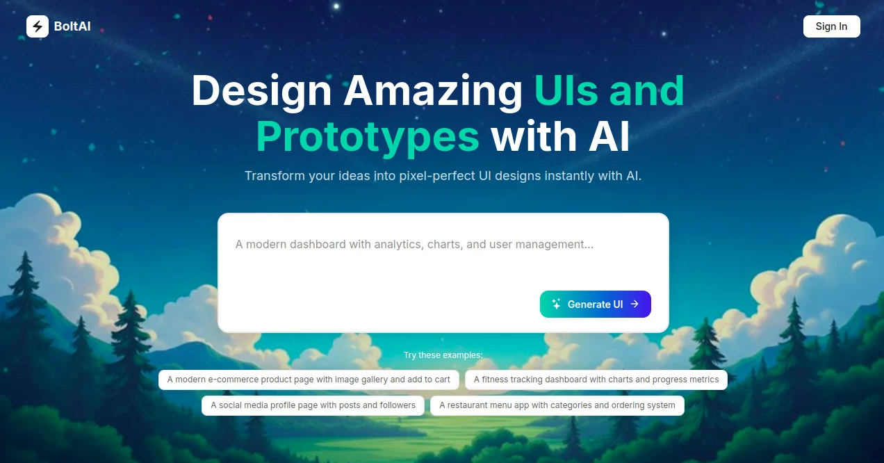 Screenshot of Bolt AI – An AI tool in the ,AI Landing Page Builder ,AI Website Builder ,AI No-Code & Low-Code ,AI App Builder  category, showcasing its interface and key features.