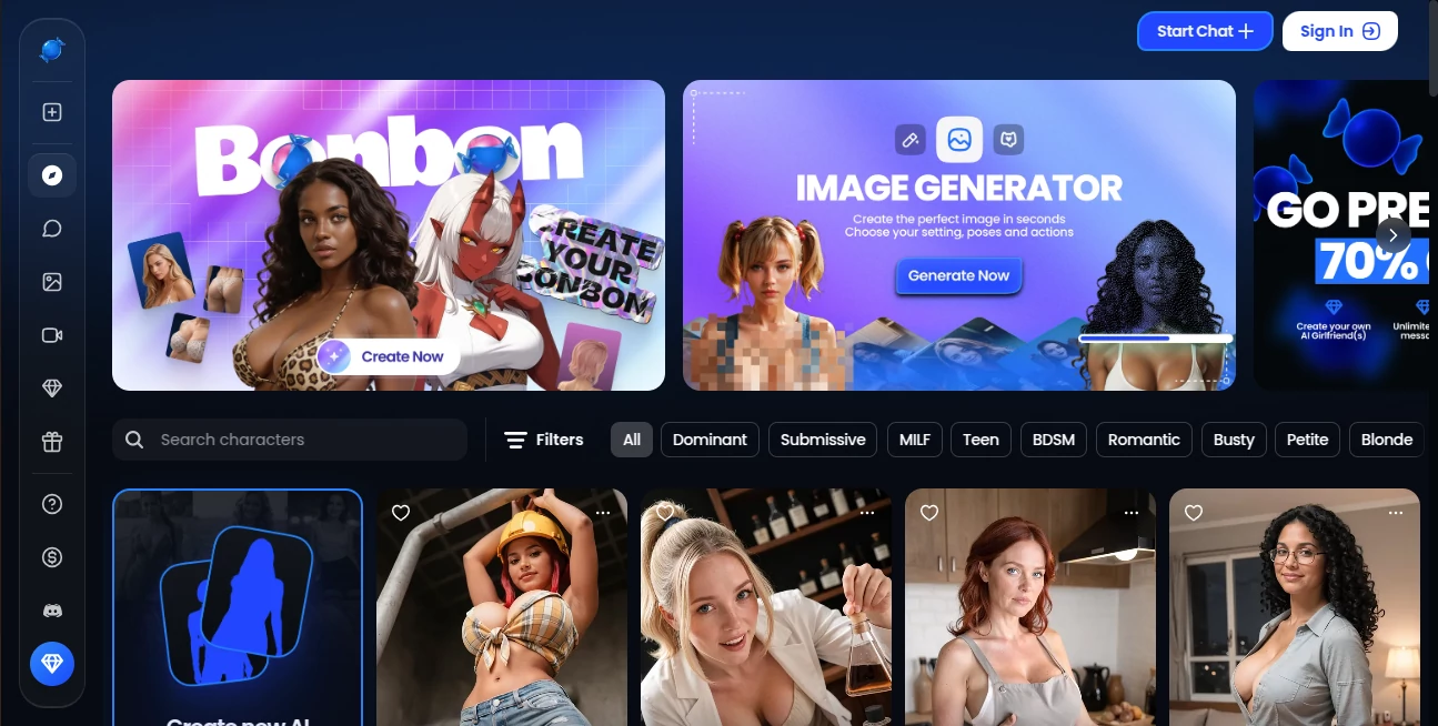 Screenshot of Bonbon – An AI tool in the ,AI Character ,NSFW ,AI Chatbot ,AI Girlfriend  category, showcasing its interface and key features.