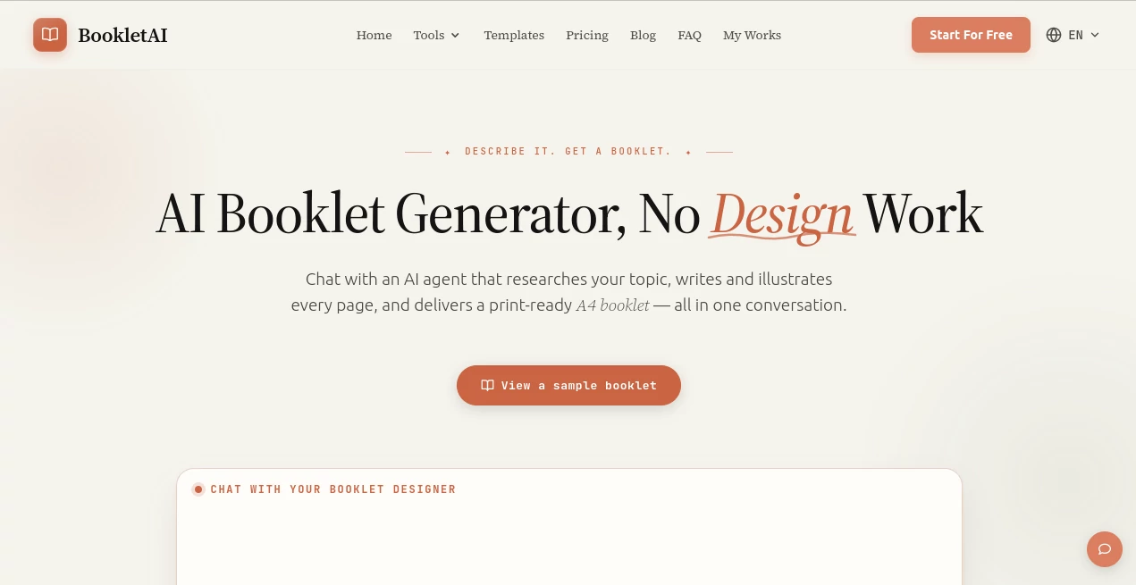 Screenshot of BookletAI – An AI tool in the ,AI Content Generator ,AI Education Assistant ,AI Presentation Generator ,AI Documents Assistant  category, showcasing its interface and key features.