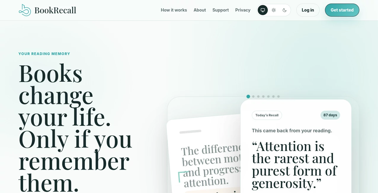 Screenshot of BookRecall – An AI tool in the ,AI Knowledge Management ,AI Education Assistant ,AI Productivity Tools ,AI Notes Assistant  category, showcasing its interface and key features.