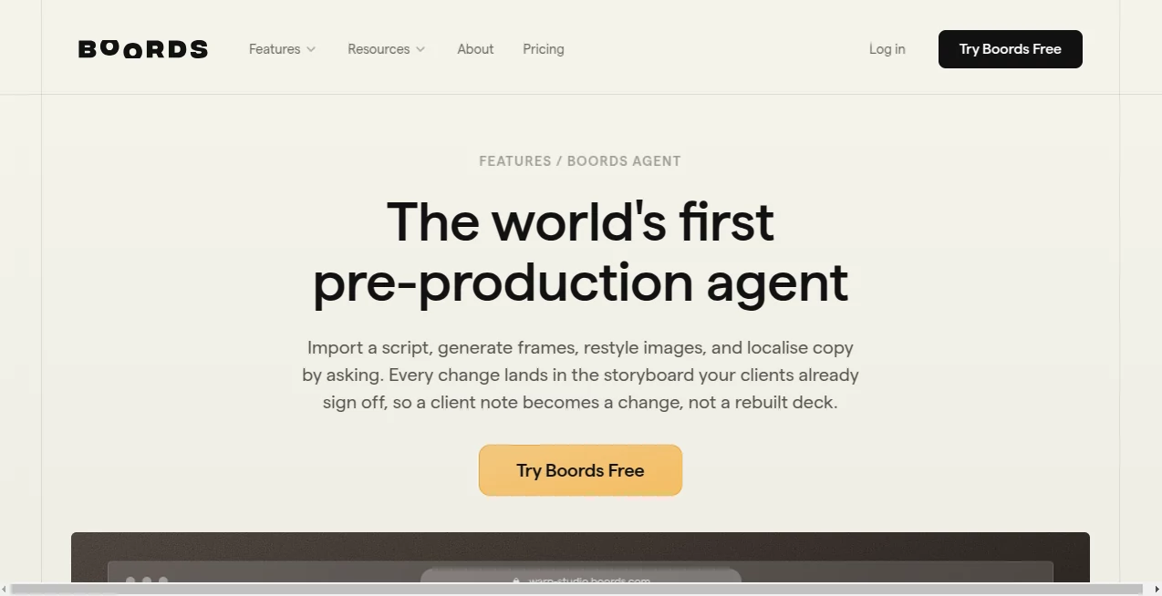 Screenshot of Boords Agent – An AI tool in the ,AI Creative Writing ,AI Video Generator ,AI Photo & Image Generator ,AI Animated Video  category, showcasing its interface and key features.