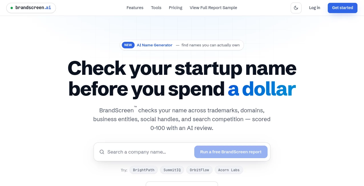 Screenshot of BrandScreen – An AI tool in the ,AI Domain Name Generator ,AI Research Tool ,AI Business Ideas Generator ,AI Legal Assistant  category, showcasing its interface and key features.