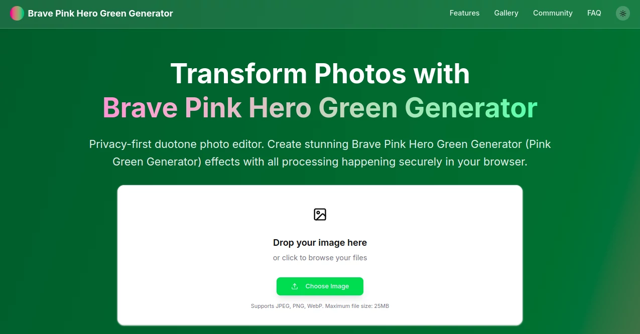 Screenshot of Brave Pink Hero Green – An AI tool in the ,AI Photo Enhancer ,Photo & Image Editor ,AI Art Generator ,AI Design Generator  category, showcasing its interface and key features.