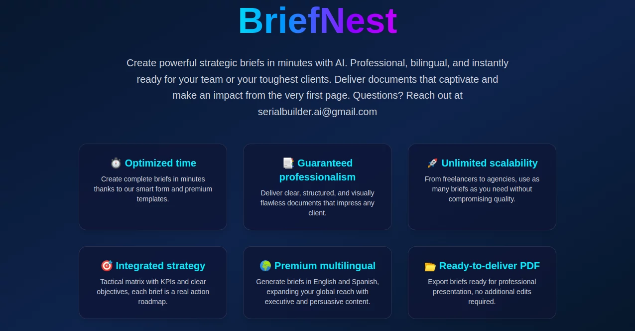 Screenshot of BriefNest – An AI tool in the ,AI Project Management ,AI Content Generator ,AI SOP ,AI Marketing Plan Generator  category, showcasing its interface and key features.