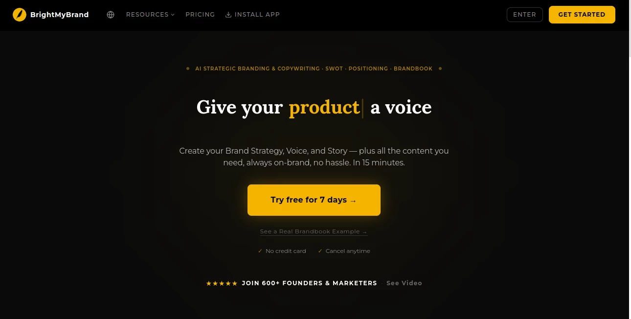Screenshot of BrightMyBrand – An AI tool in the ,AI Copywriting ,AI Content Generator ,AI Marketing Plan Generator  category, showcasing its interface and key features.