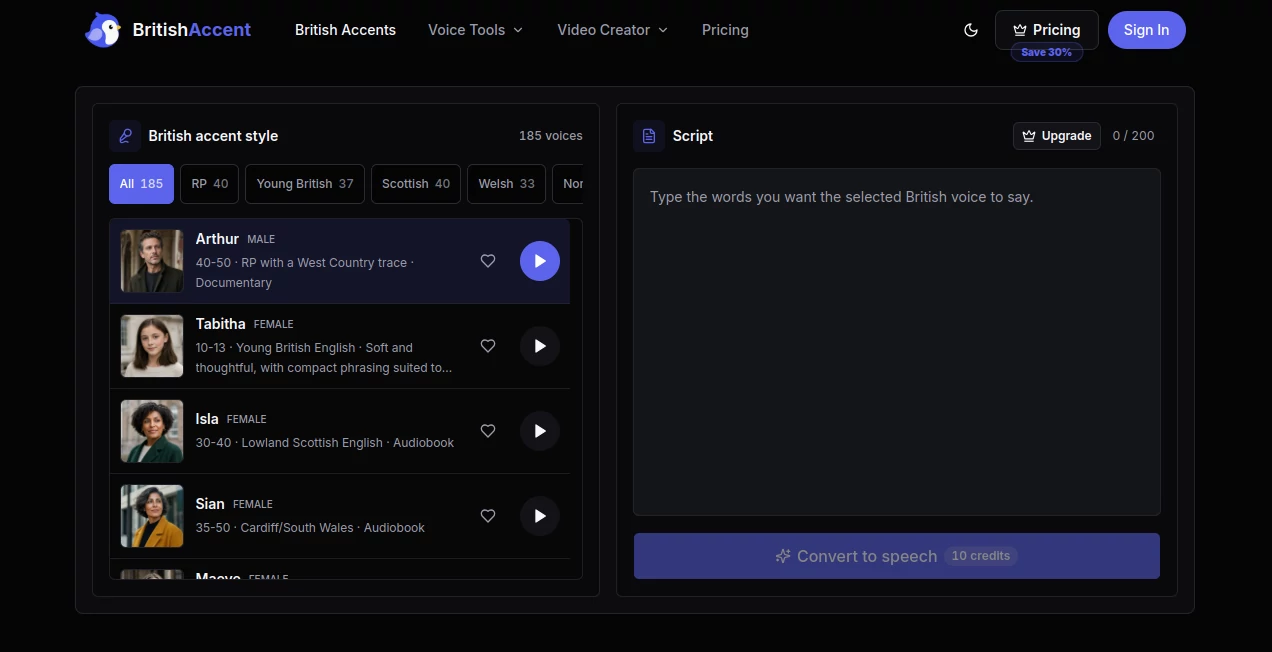 Screenshot of BritishAccent – An AI tool in the ,AI Voice Cloning ,AI Text to Speech ,AI Speech Synthesis ,AI Voice & Audio Editing  category, showcasing its interface and key features.