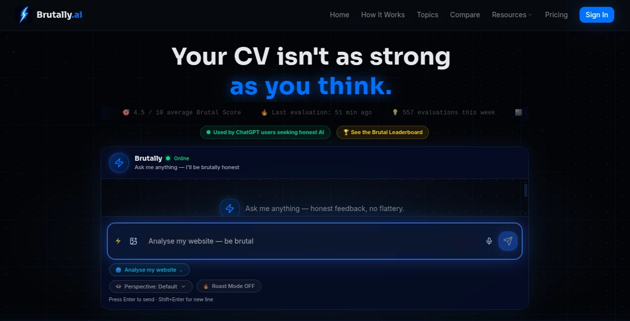 Screenshot of Brutally.ai – An AI tool in the ,AI Copywriting ,AI Writing Assistants ,AI SEO Assistant  category, showcasing its interface and key features.