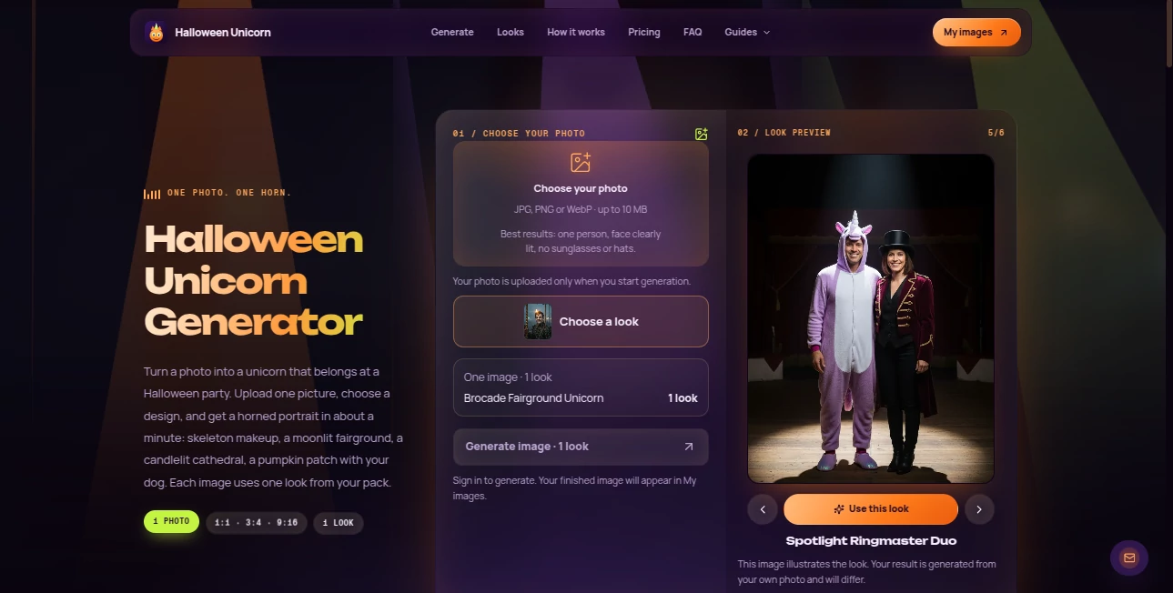 Screenshot of Halloween Unicorn – An AI tool in the ,AI Profile Picture Generator ,AI Selfie & Portrait ,Image ,AI Image to Image  category, showcasing its interface and key features.
