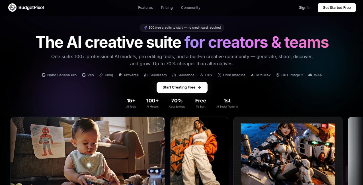 Screenshot of BudgetPixel – An AI tool in the ,AI Photo & Image Generator ,AI Video Generator ,AI Music Generator ,AI Text to Image  category, showcasing its interface and key features.