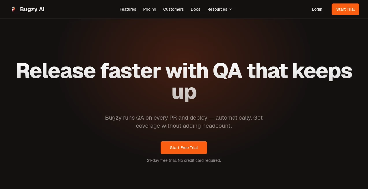 Screenshot of Bugzy AI – An AI tool in the ,AI DevOps Assistant ,AI Code Assistant ,AI Testing & QA ,AI Developer Tools  category, showcasing its interface and key features.