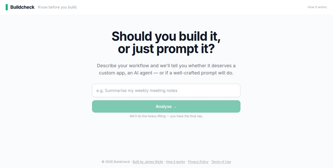 Screenshot of Buildcheck – An AI tool in the ,AI Monitor & Report Builder ,AI Testing & QA ,AI Developer Tools ,Code & IT  category, showcasing its interface and key features.