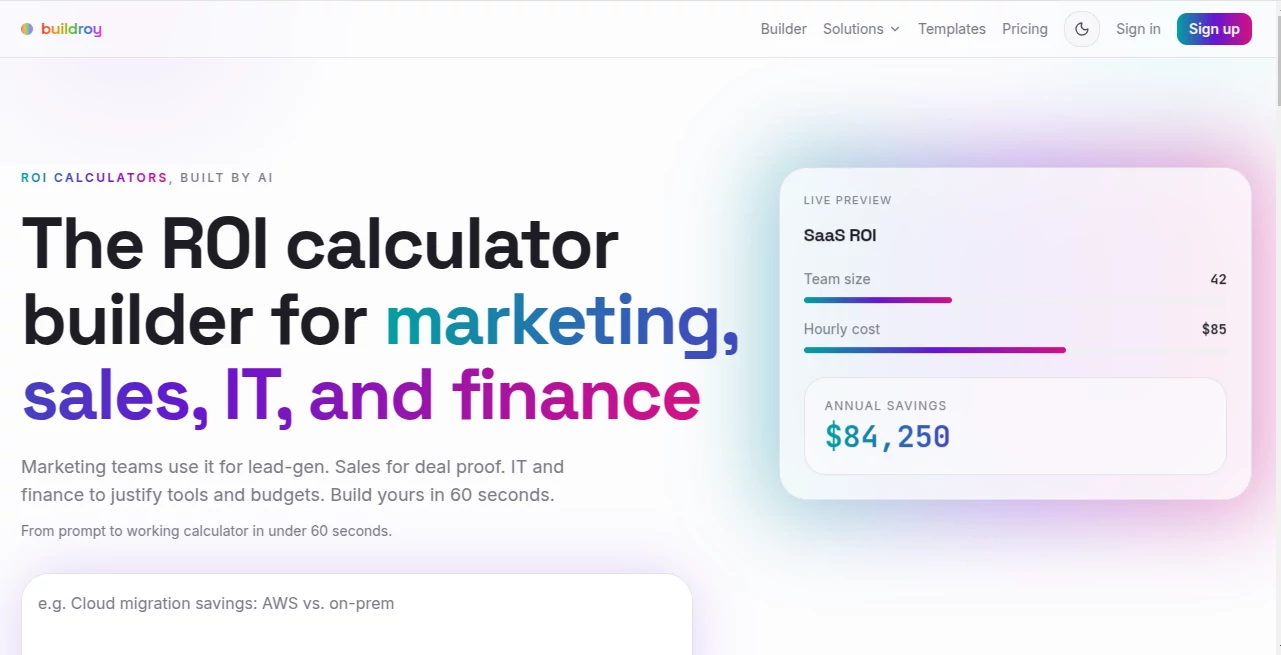 Screenshot of BuildRoy – An AI tool in the ,AI Marketing Plan Generator ,AI Digital Marketing Generator ,AI Business Ideas Generator ,AI E-commerce Assistant  category, showcasing its interface and key features.