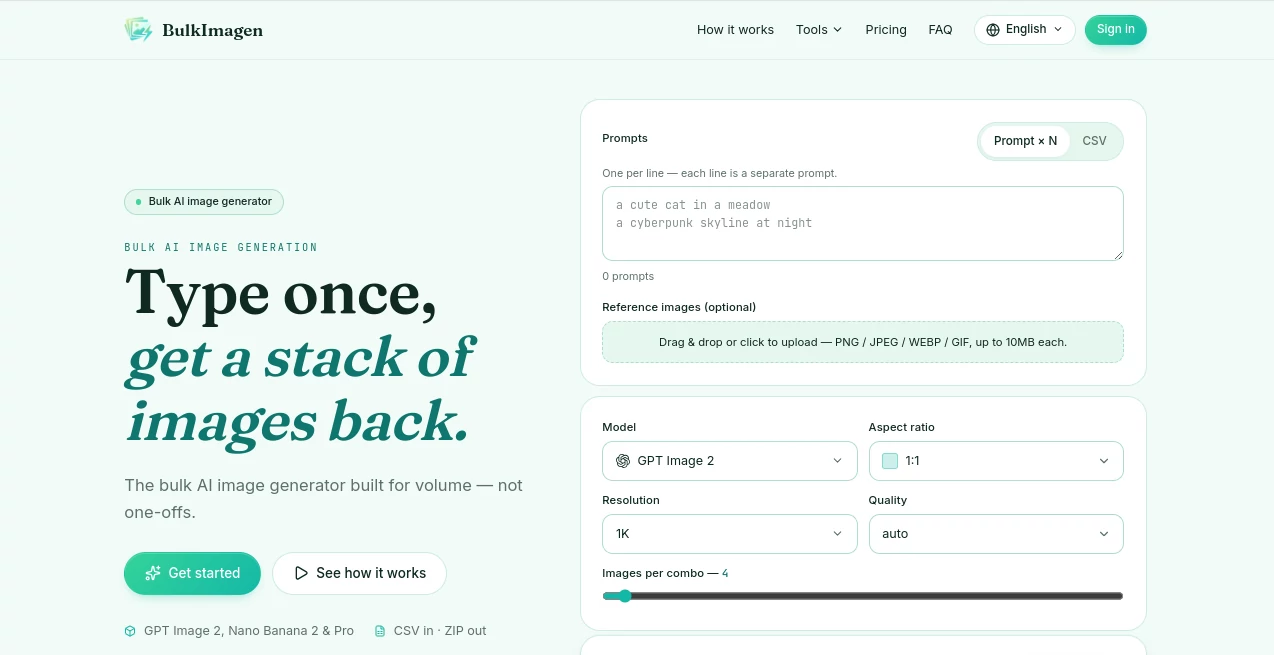 Screenshot of Bulk Image Generation Platform – An AI tool in the ,AI Text to Image ,AI Photo & Image Generator ,AI Image to Image ,AI Productivity Tools  category, showcasing its interface and key features.