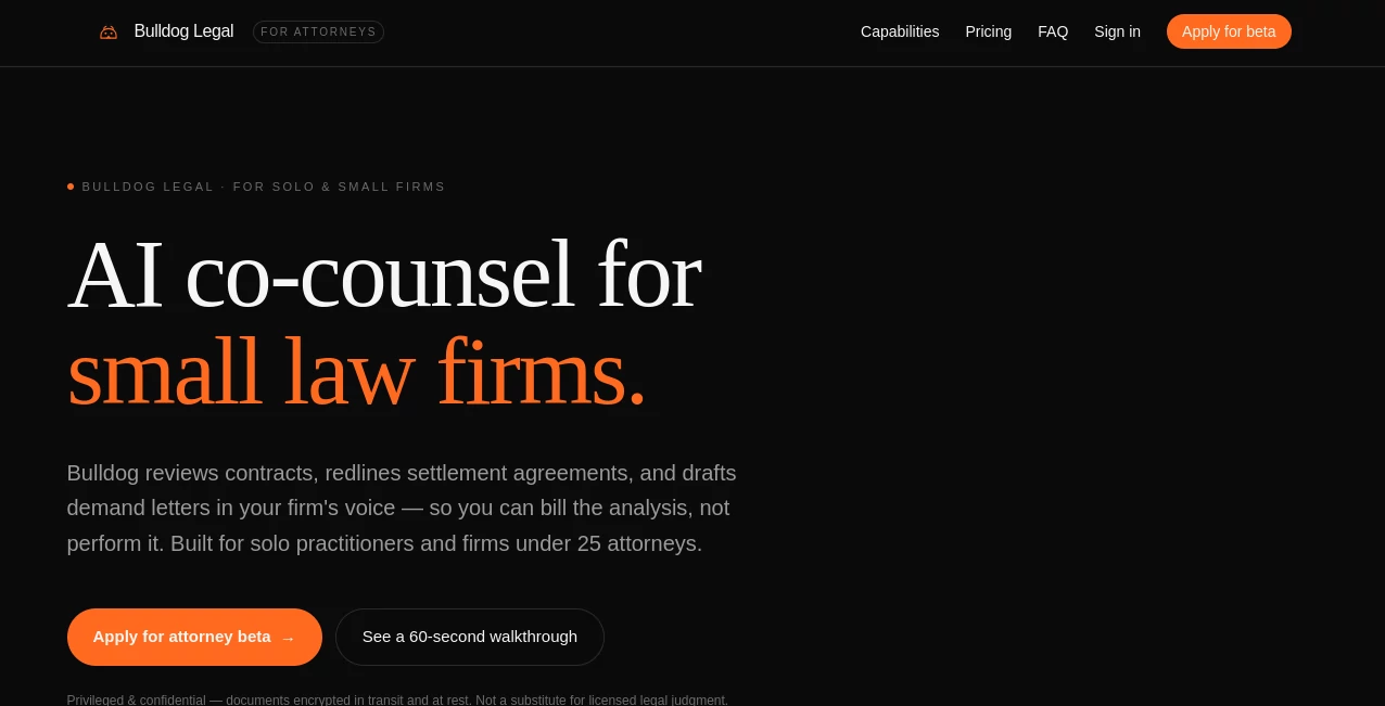 Screenshot of Bulldog Legal – An AI tool in the ,AI Legal Assistant ,AI Productivity Tools ,AI Documents Assistant ,Business  category, showcasing its interface and key features.