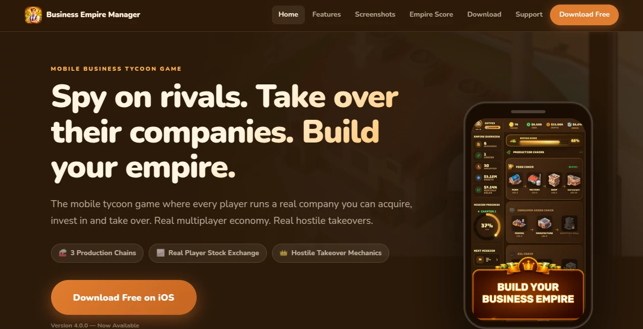 Screenshot of Business Empire Manager – An AI tool in the ,AI Game ,Other  category, showcasing its interface and key features.