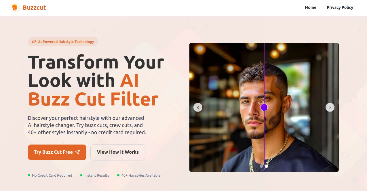 Screenshot of AI Buzz Cut Filter – An AI tool in the ,AI Photo Enhancer ,Photo & Image Editor ,AI Selfie & Portrait ,AI Image to Image  category, showcasing its interface and key features.