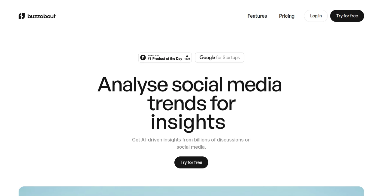 Screenshot of Buzzabout – An AI tool in the ,AI Research Tool ,AI Analytics Assistant ,AI Social Media Assistant ,AI Marketing Plan Generator  category, showcasing its interface and key features.