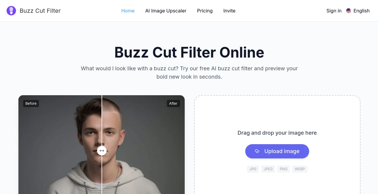 Screenshot of Buzz Cut Filter – An AI tool in the ,Photo & Image Editor ,AI Image to Image ,AI Face Swap Generator ,AI Fun Tools  category, showcasing its interface and key features.