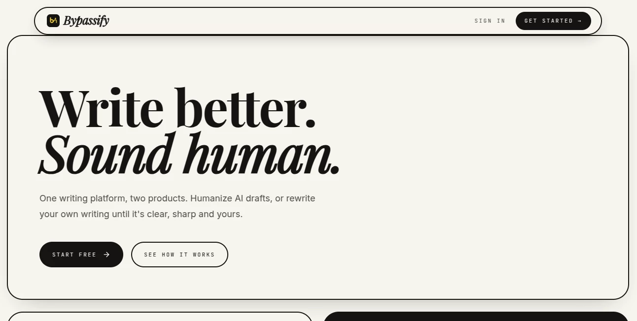 Screenshot of Bypassify – An AI tool in the ,AI Content Generator ,AI Rewriter ,AI General Writing ,AI Writing Assistants  category, showcasing its interface and key features.