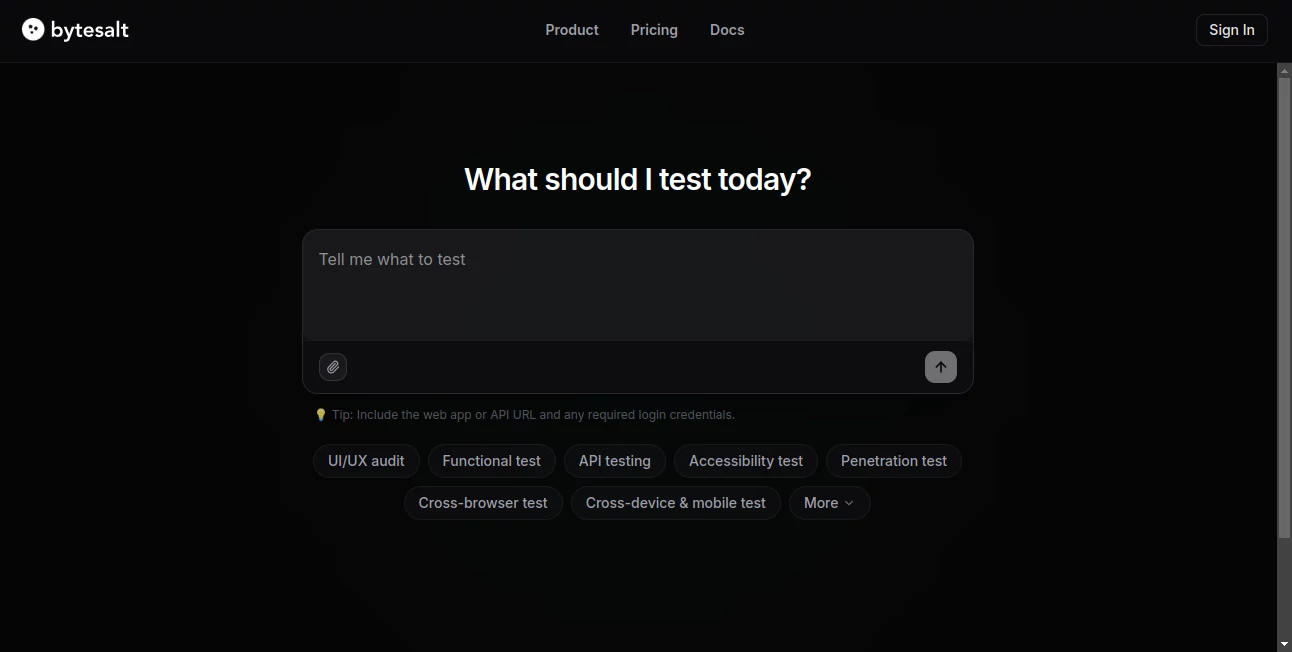 Screenshot of Bytesalt – An AI tool in the ,AI DevOps Assistant ,AI Code Assistant ,AI Testing & QA ,AI Developer Tools  category, showcasing its interface and key features.
