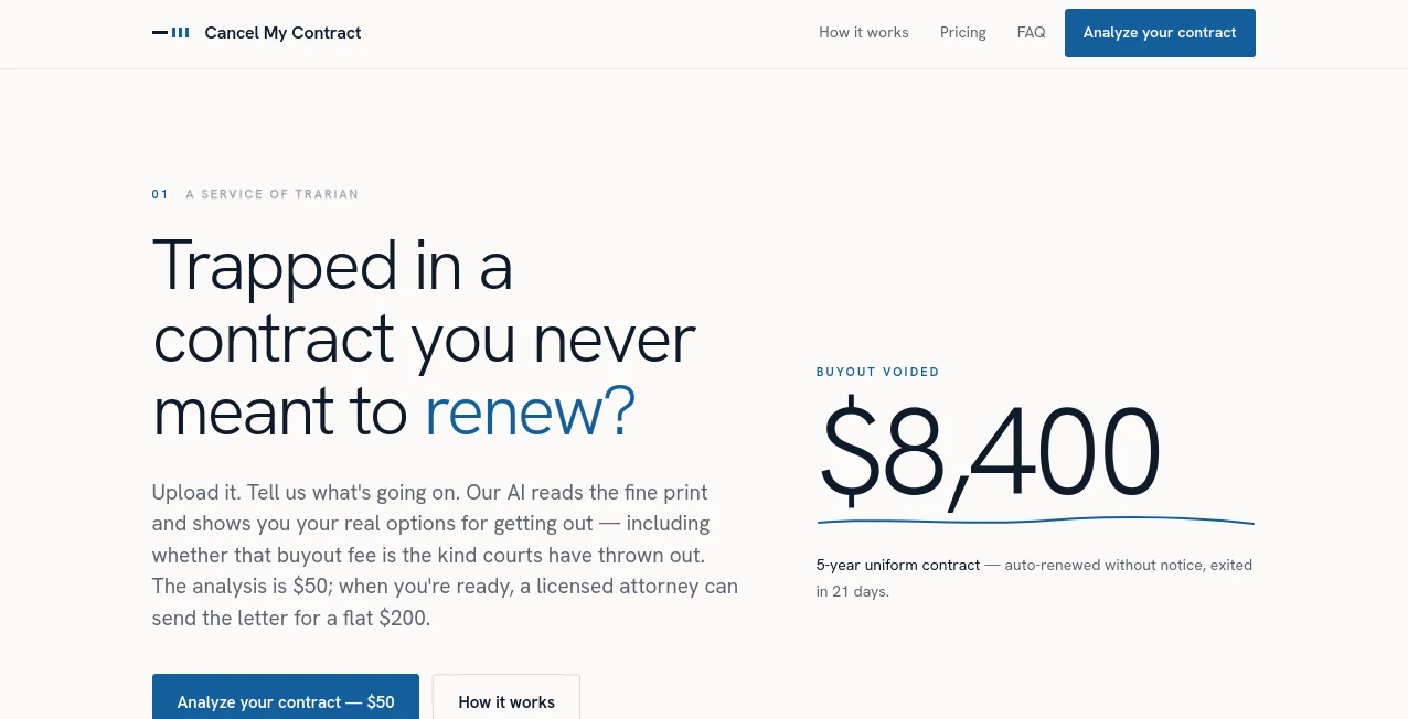 Screenshot of CancelMyContract – An AI tool in the ,AI Legal Assistant ,AI Productivity Tools ,AI Workflow Management ,AI Documents Assistant  category, showcasing its interface and key features.