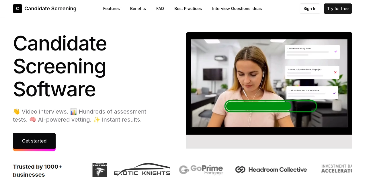 Screenshot of Candidate Screening – An AI tool in the ,AI Analytics Assistant ,AI Team Collaboration ,AI Recruiting ,AI Interview Assistant ,AI Project Management  category, showcasing its interface and key features.