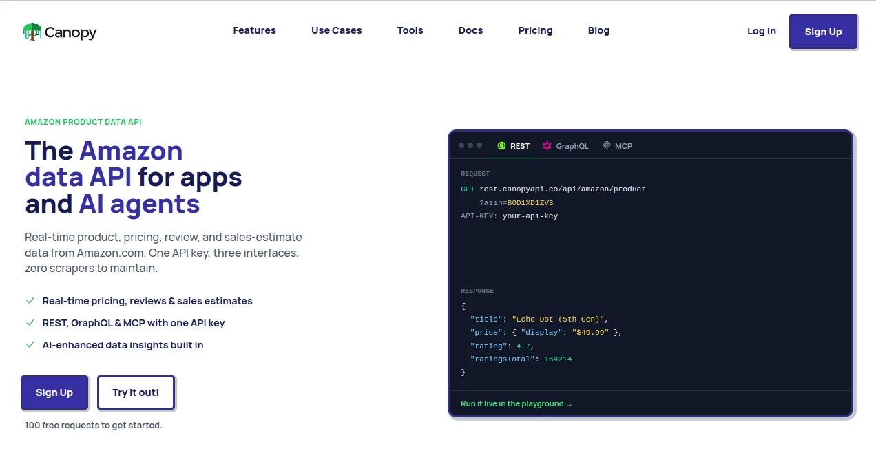 Screenshot of Canopy API – An AI tool in the ,AI API Design ,AI Developer Tools ,AI Research Tool ,AI E-commerce Assistant  category, showcasing its interface and key features.