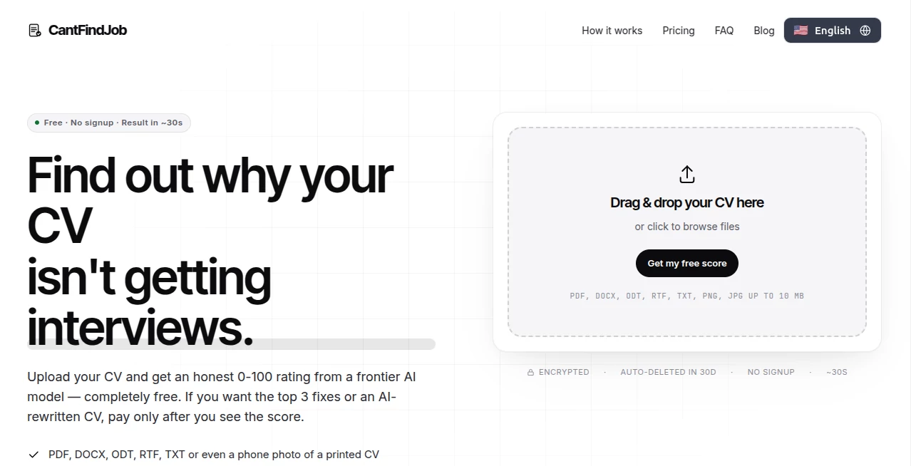 Screenshot of CantFindJob – An AI tool in the ,AI Resume Builder ,Other ,AI Writing Assistants  category, showcasing its interface and key features.