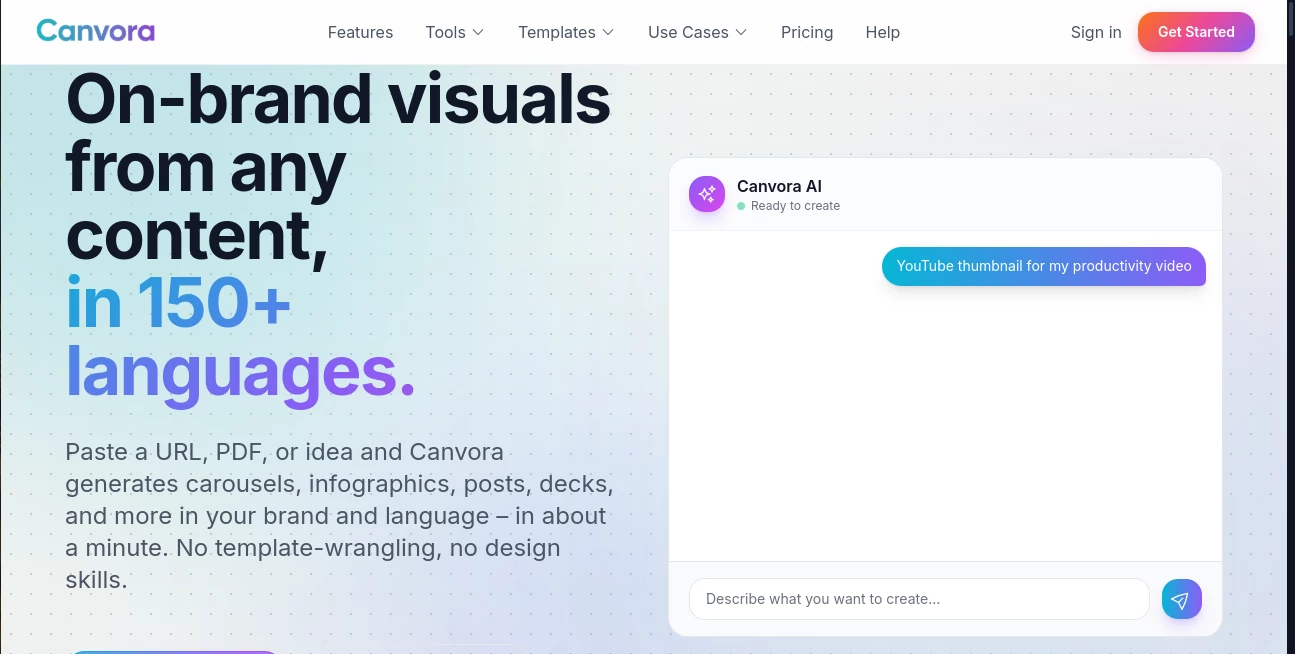 Screenshot of Canvora – An AI tool in the ,AI Social Media Assistant ,AI Design Generator ,AI Graphic Design ,AI Presentation Generator  category, showcasing its interface and key features.