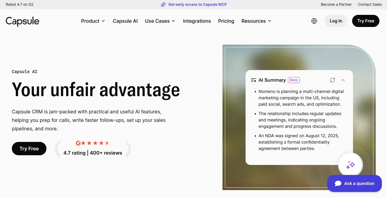 Screenshot of Capsule AI – An AI tool in the ,AI Sales Assistant ,AI CRM Assistant ,AI Email Assistant ,AI Productivity Tools  category, showcasing its interface and key features.