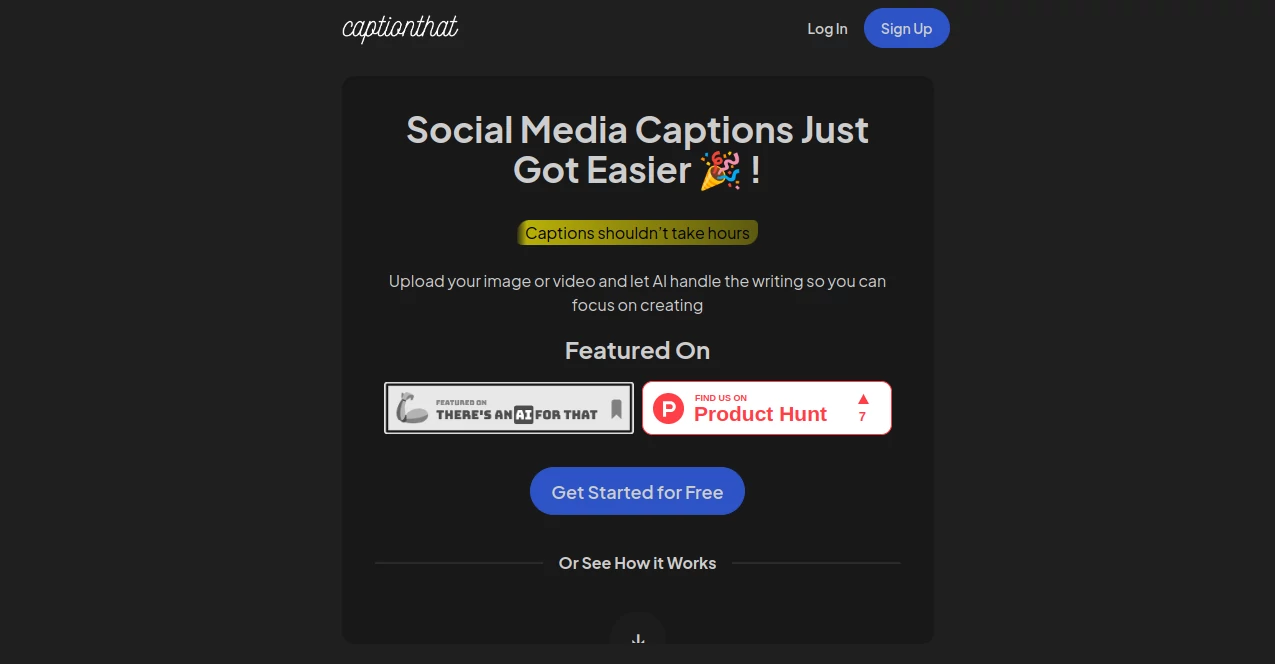 Screenshot of captionthat – An AI tool in the ,AI Creative Writing ,AI Content Generator ,AI Social Media Assistant ,AI Captions or Subtitle  category, showcasing its interface and key features.