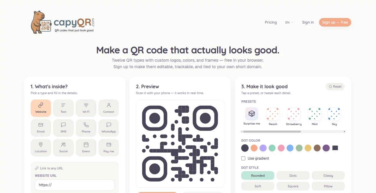Screenshot of CapyQR – An AI tool in the ,AI Business Ideas Generator ,AI Analytics Assistant ,AI Digital Marketing Generator ,AI Productivity Tools  category, showcasing its interface and key features.