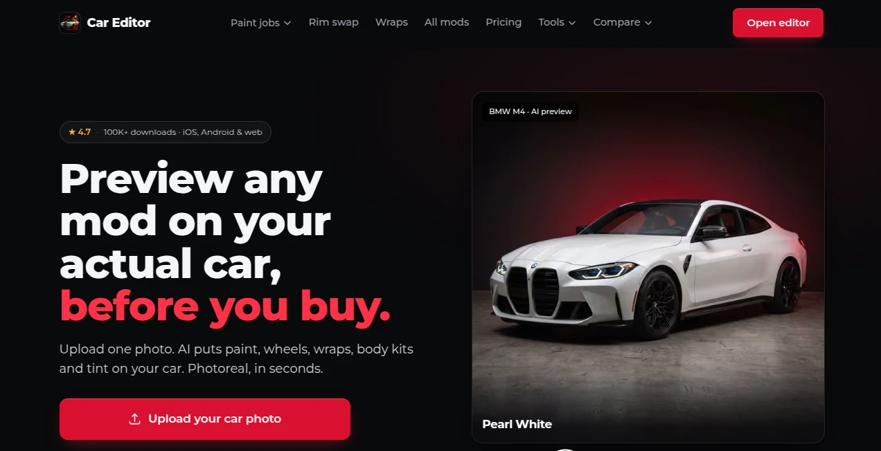 Screenshot of Car Editor – An AI tool in the ,AI Photo & Image Generator ,AI Fun Tools ,AI Design Assistant ,AI Photography  category, showcasing its interface and key features.