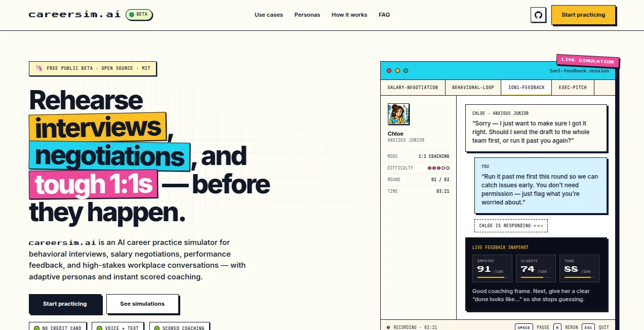 Screenshot of CareerSim – An AI tool in the ,AI Interview Assistant ,AI Recruiting ,AI Coaching ,AI Education Assistant  category, showcasing its interface and key features.