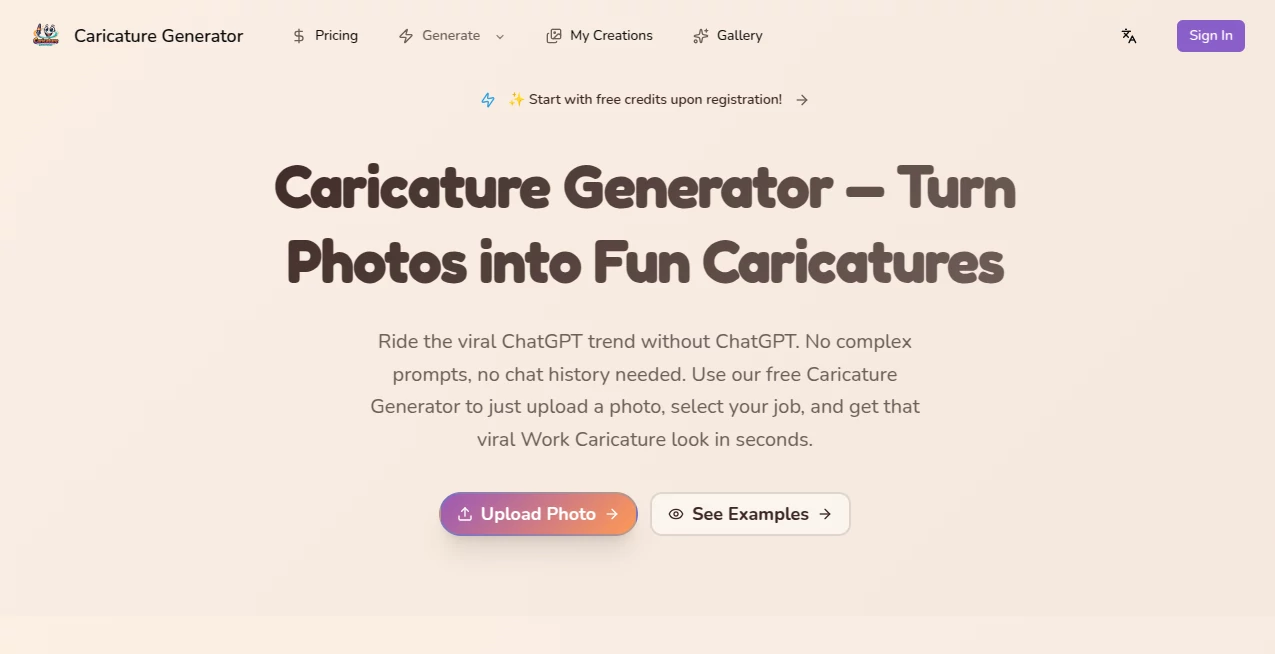 Screenshot of Caricature Generator – An AI tool in the ,AI Fun Tools ,Photo & Image Editor ,AI Design Generator ,AI Image to Image  category, showcasing its interface and key features.