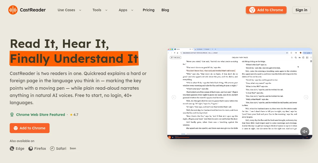 Screenshot of CastReader – An AI tool in the ,AI Text to Speech ,AI Speech Synthesis ,AI Voice Assistants ,AI Productivity Tools  category, showcasing its interface and key features.