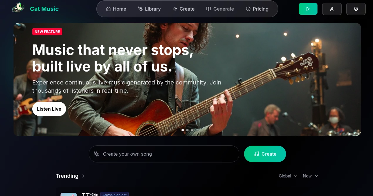 Screenshot of Cat Music – An AI tool in the ,AI Text to Music ,AI Audio Enhancer ,AI Music Generator ,AI Voice & Audio Editing  category, showcasing its interface and key features.