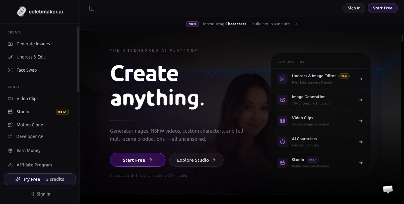 Screenshot of CelebMakerAI – An AI tool in the ,NSFW  category, showcasing its interface and key features.