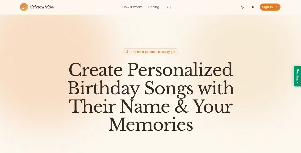 Screenshot of CelebrateYou – An AI tool in the ,AI Text to Music ,AI Lyrics Generator ,AI Music Generator ,AI Singing Generator  category, showcasing its interface and key features.