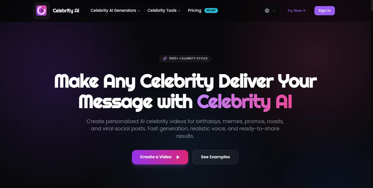 Screenshot of Trump AI Video Generator – An AI tool in the ,AI Video Generator ,AI Voice Cloning ,AI Celebrity Voice Generator ,AI Fun Tools  category, showcasing its interface and key features.