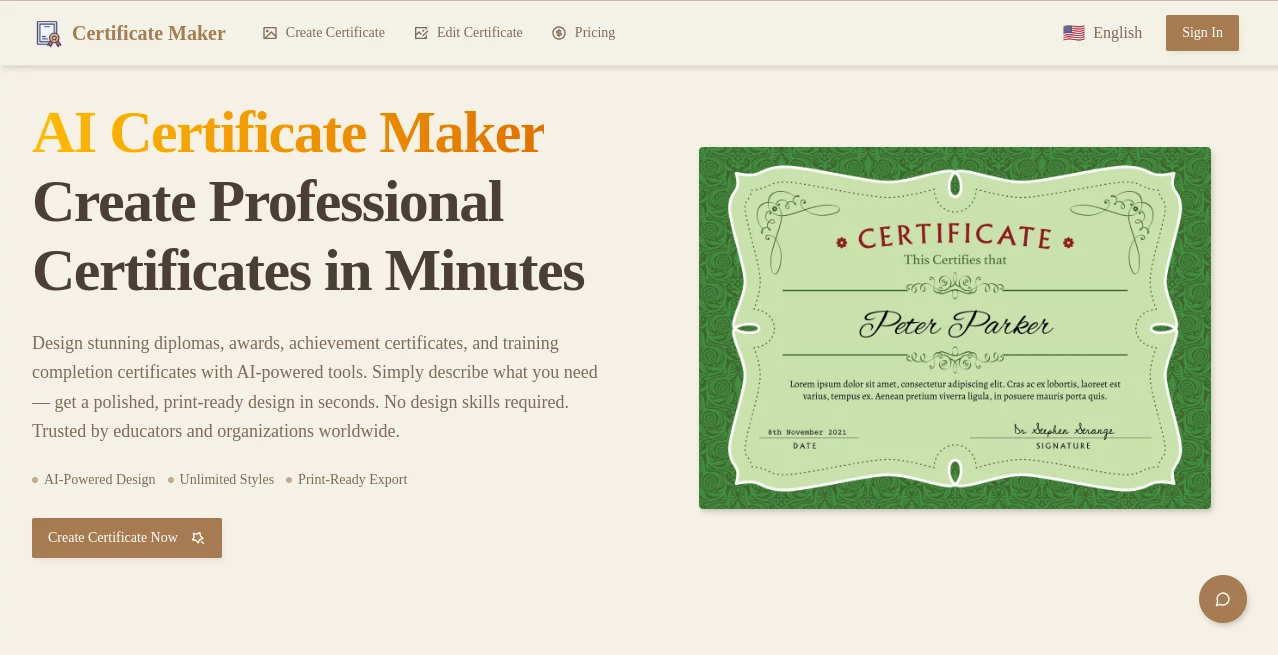 Screenshot of Certificate Maker AI – An AI tool in the ,AI PDF ,AI Documents Assistant ,AI Forms & Surveys  category, showcasing its interface and key features.