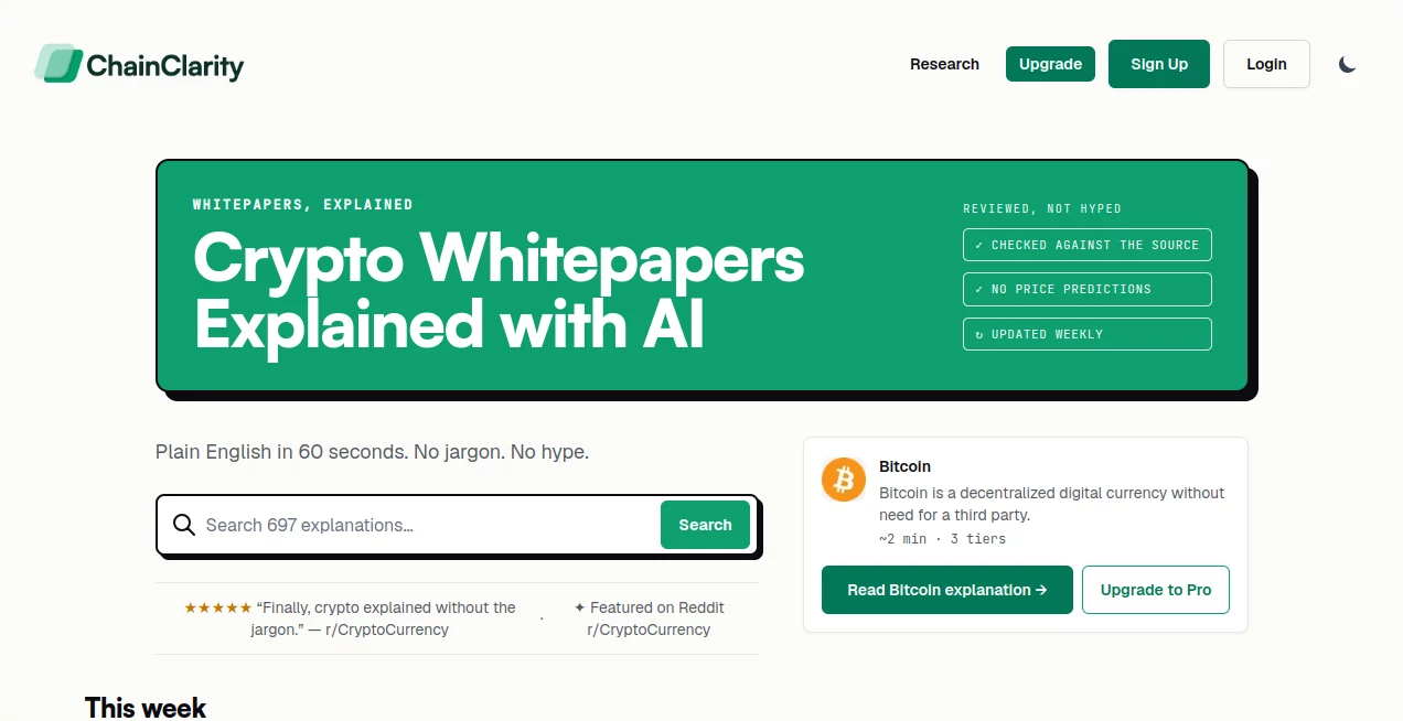 Screenshot of ChainClarity – An AI tool in the ,AI Blockchain ,AI Education Assistant ,AI Research Tool ,Large Language Models (LLMs)  category, showcasing its interface and key features.