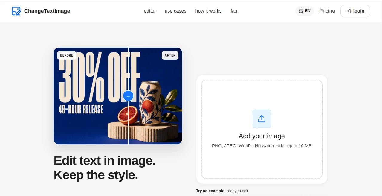 Screenshot of ChangeTextImage – An AI tool in the ,Photo & Image Editor ,AI Image to Image  category, showcasing its interface and key features.